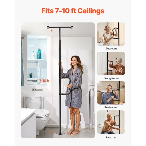 Floor-to-Ceiling Transfer Pole, Tension Mounted Bathroom Grab Bar with Anti-Slip Curve Handle, 300 Lbs Capacity Security Pole for Elderly, Ideal Senior Safety Pole for 7-10 Ft Ceilings, Black