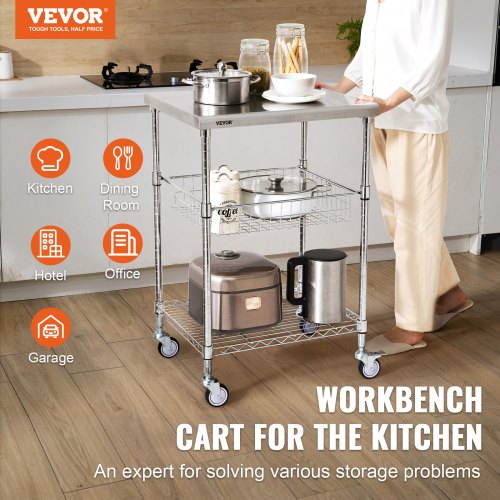 Kitchen Utility Cart, 3 Tiers, Wire Rolling Cart with 470LBS Capacity, Steel Service Cart on Wheels, Metal Storage Trolley with 76mm Basket Curved Handle PP Liner 6 Hooks, for Indoor and Outdoor