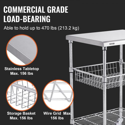Kitchen Utility Cart, 3 Tiers, Wire Rolling Cart with 470LBS Capacity, Steel Service Cart on Wheels, Metal Storage Trolley with 76mm Basket Curved Handle PP Liner 6 Hooks, for Indoor and Outdoor