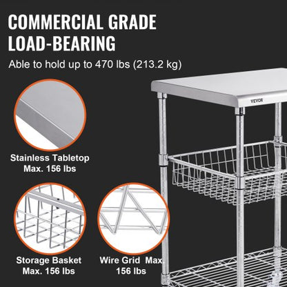 Kitchen Utility Cart, 3 Tiers, Wire Rolling Cart with 470LBS Capacity, Steel Service Cart on Wheels, Metal Storage Trolley with 76mm Basket Curved Handle PP Liner 6 Hooks, for Indoor and Outdoor