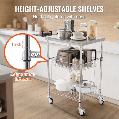 Kitchen Utility Cart, 3 Tiers, Wire Rolling Cart with 470LBS Capacity, Steel Service Cart on Wheels, Metal Storage Trolley with 76mm Basket Curved Handle PP Liner 6 Hooks, for Indoor and Outdoor