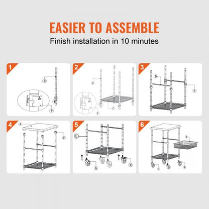 Kitchen Utility Cart, 3 Tiers, Wire Rolling Cart with 470LBS Capacity, Steel Service Cart on Wheels, Metal Storage Trolley with 76mm Basket Curved Handle PP Liner 6 Hooks, for Indoor and Outdoor