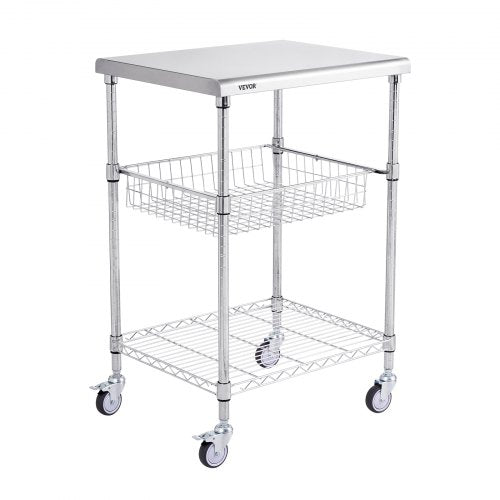 Kitchen Utility Cart, 3 Tiers, Wire Rolling Cart with 470LBS Capacity, Steel Service Cart on Wheels, Metal Storage Trolley with 76mm Basket Curved Handle PP Liner 6 Hooks, for Indoor and Outdoor