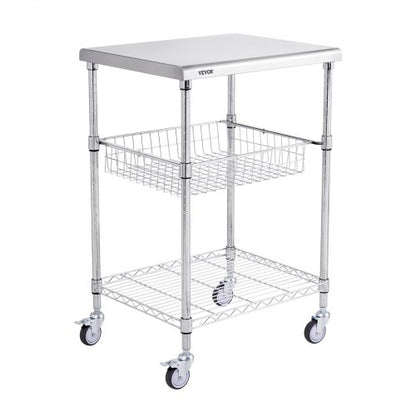 Kitchen Utility Cart, 3 Tiers, Wire Rolling Cart with 470LBS Capacity, Steel Service Cart on Wheels, Metal Storage Trolley with 76mm Basket Curved Handle PP Liner 6 Hooks, for Indoor and Outdoor