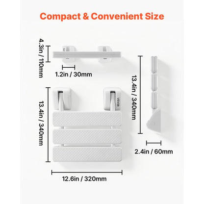Foldable Shower Seat Wall Mounted, 317mm Folding Shower Bench, PP Fold-Down Bathroom Corridor Seat with Aluminum Alloy Frame for Adults Seniors, 100kg Loading