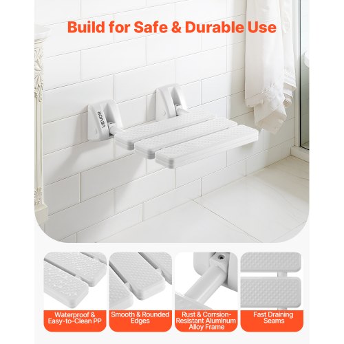 Foldable Shower Seat Wall Mounted, 317mm Folding Shower Bench, PP Fold-Down Bathroom Corridor Seat with Aluminum Alloy Frame for Adults Seniors, 100kg Loading