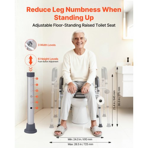 Raised Toilet Seat with Arms, 181 kg Load Capacity, Adjustable Height and Width, Commode Cushion Padded Elevated Toilet Seat Riser with Handles for Seniors, Elderly, Handicap, Disabled, Adults