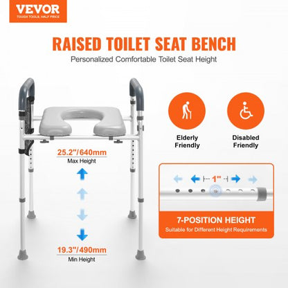 Raised Toilet Seat, 7-Position Height Adjustment 490 - 640 mm, 158.7 kg Weight Capacity, with Comfort Padded Aluminum Frame, Universal Toilet Seat Riser, for Elderly, Handicap, Pregnant, Medical