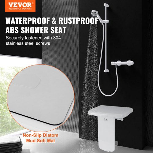 Folding ABS Shower Seat, 15.7'' x 16.7'' Unfolded, Wall Mounted Fold Up Shower Bench with 440 lbs Load Capacity, Space Saving Fold Down Shower Chair for Seniors Pregnant Women Children Adults