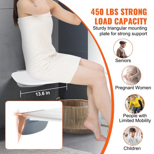 Folding Shower Seat 13.6"/34.5 cm x 12.8"/32.5 cm Wall Mounted Shower Bench 450 lbs/204.1 kg