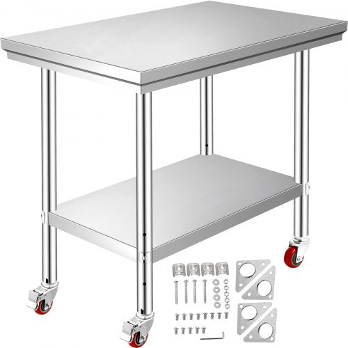 Stainless Steel Work Table 12 x 24 x 34 Inch, 700 LBS Load Capacity with 4 Wheels, 3 Adjustable Height Levels, Heavy Duty Food Prep Worktable for Commercial Kitchen Restaurant, Silver