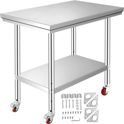 Stainless Steel Work Table 12 x 24 x 34 Inch, 700 LBS Load Capacity with 4 Wheels, 3 Adjustable Height Levels, Heavy Duty Food Prep Worktable for Commercial Kitchen Restaurant, Silver