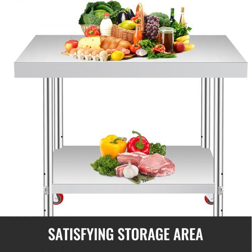 Stainless Steel Work Table 12 x 24 x 34 Inch, 700 LBS Load Capacity with 4 Wheels, 3 Adjustable Height Levels, Heavy Duty Food Prep Worktable for Commercial Kitchen Restaurant, Silver