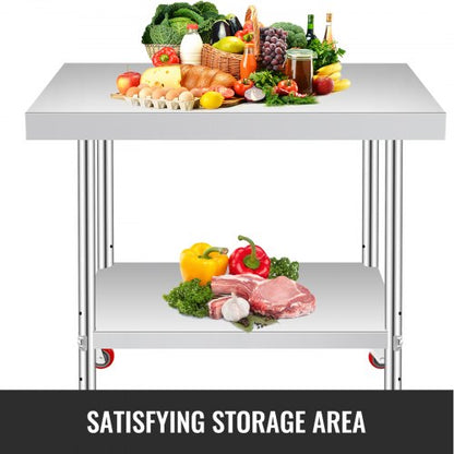 Stainless Steel Work Table 12 x 24 x 34 Inch, 700 LBS Load Capacity with 4 Wheels, 3 Adjustable Height Levels, Heavy Duty Food Prep Worktable for Commercial Kitchen Restaurant, Silver