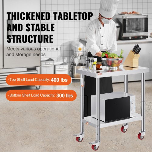 Stainless Steel Work Table 30 x 24 x 33 Inch, 700 LBS Load Capacity with 4 Wheels, 3 Adjustable Height Levels, Heavy Duty Food Prep Worktable for Commercial Kitchen Restaurant, Silver