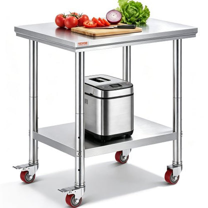 Stainless Steel Work Table 30 x 24 x 33 Inch, 700 LBS Load Capacity with 4 Wheels, 3 Adjustable Height Levels, Heavy Duty Food Prep Worktable for Commercial Kitchen Restaurant, Silver