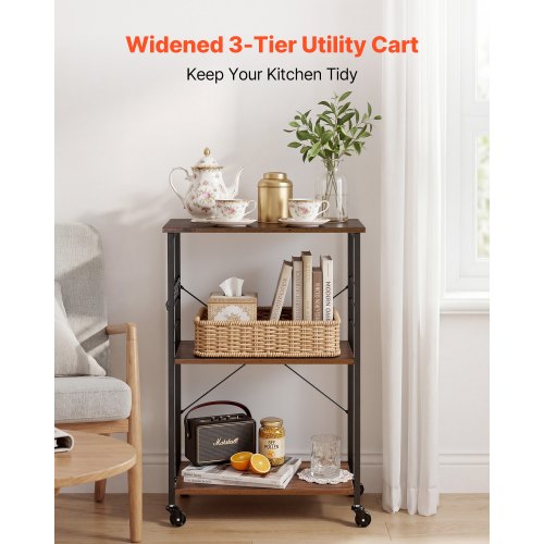 Kitchen Utility Cart, 3 Tier 60 cm Microwave Stand Coffee Cart, Heavy Duty Storage Rack, Service Trolley on Wheels, Industrial Rolling Work Table with 8 Hooks, for Mini Oven, Toaster, Vintage