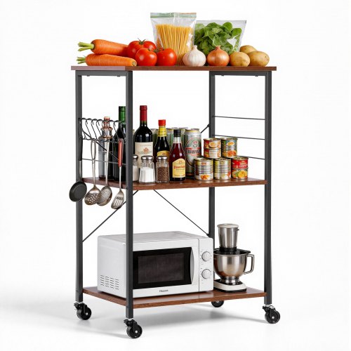 Kitchen Utility Cart, 3 Tier 60 cm Microwave Stand Coffee Cart, Heavy Duty Storage Rack, Service Trolley on Wheels, Industrial Rolling Work Table with 8 Hooks, for Mini Oven, Toaster, Vintage