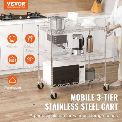 Kitchen Utility Cart, 3 Tier Heavy Duty Adjustable Wire Storage Rack, Commercial Steel Rolling Service Trolley on Wheels, Work Table with Handle Bar, for Garage and Laundry Room, 76x46x91 cm