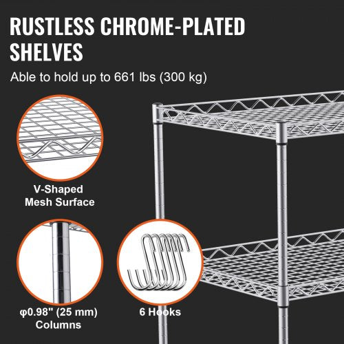 Kitchen Utility Cart, 3 Tier Heavy Duty Adjustable Wire Storage Rack, Commercial Steel Rolling Service Trolley on Wheels, Work Table with Handle Bar, for Garage and Laundry Room, 76x46x91 cm