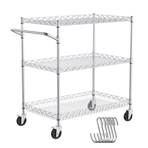 Kitchen Utility Cart, 3 Tier Heavy Duty Adjustable Wire Storage Rack, Commercial Steel Rolling Service Trolley on Wheels, Work Table with Handle Bar, for Garage and Laundry Room, 76x46x91 cm