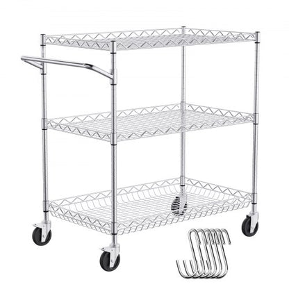 Kitchen Utility Cart, 3 Tier Heavy Duty Adjustable Wire Storage Rack, Commercial Steel Rolling Service Trolley on Wheels, Work Table with Handle Bar, for Garage and Laundry Room, 76x46x91 cm