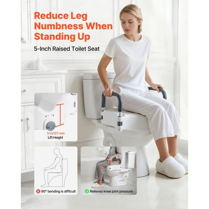 Raised Toilet Seat with Arms, 136.1 kg Load Capacity, 127 mm Lift Height, Widened Commode Elevated Toilet Seat Riser with Padded Handles for Seniors, Elderly, Handicap, Disabled, and Adults Use