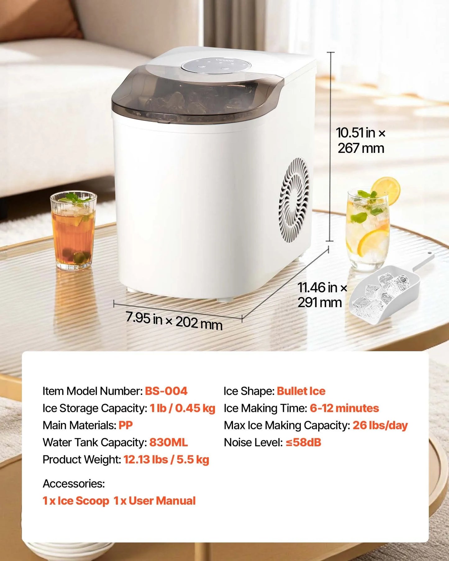 Vevor Countertop Ice Maker 11.8kg/24h – Self-Cleaning, 2 Ice Sizes