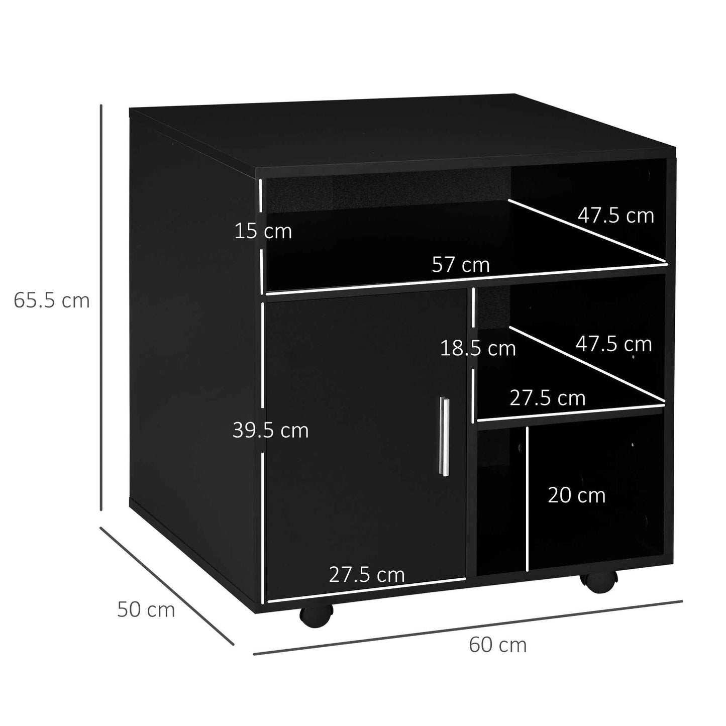 HOMCOM Rolling Printer Stand with Cabinet and 3 Open Shelves, Wooden, 60x50x65.5 cm, Black