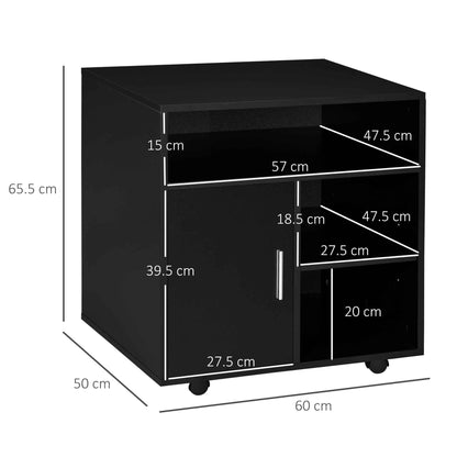 HOMCOM Rolling Printer Stand with Cabinet and 3 Open Shelves, Wooden, 60x50x65.5 cm, Black
