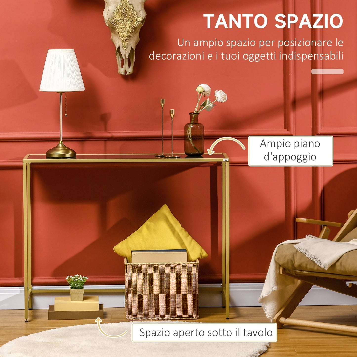 Console Table for Entrance in Steel and Tempered Glass, 100x35.5x80cm, White and Gold