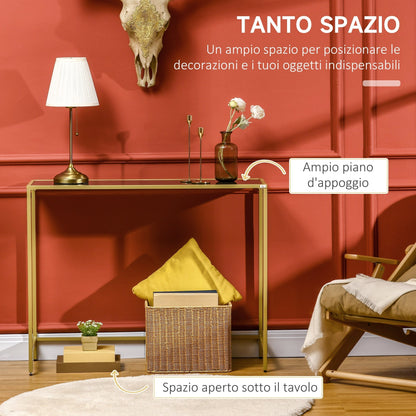 Console Table for Entrance in Steel and Tempered Glass, 100x35.5x80cm, White and Gold