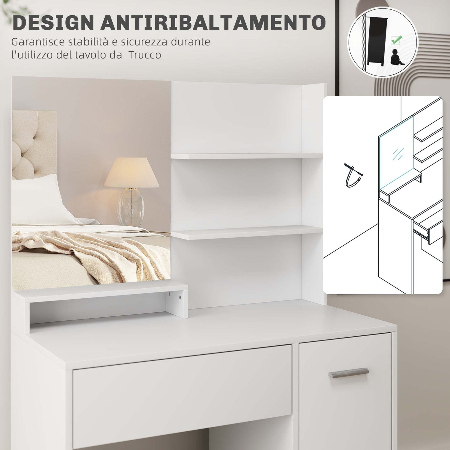 Dressing Table with Mirror and Stool, Drawer, Cabinet and Wooden Shelves, White