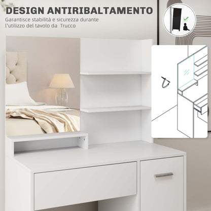 Dressing Table with Mirror and Stool, Drawer, Cabinet and Wooden Shelves, White