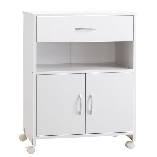 Cabinet Printer Stand with 4 Wheels, Drawer and Cabinet, 60x39x80cm - White