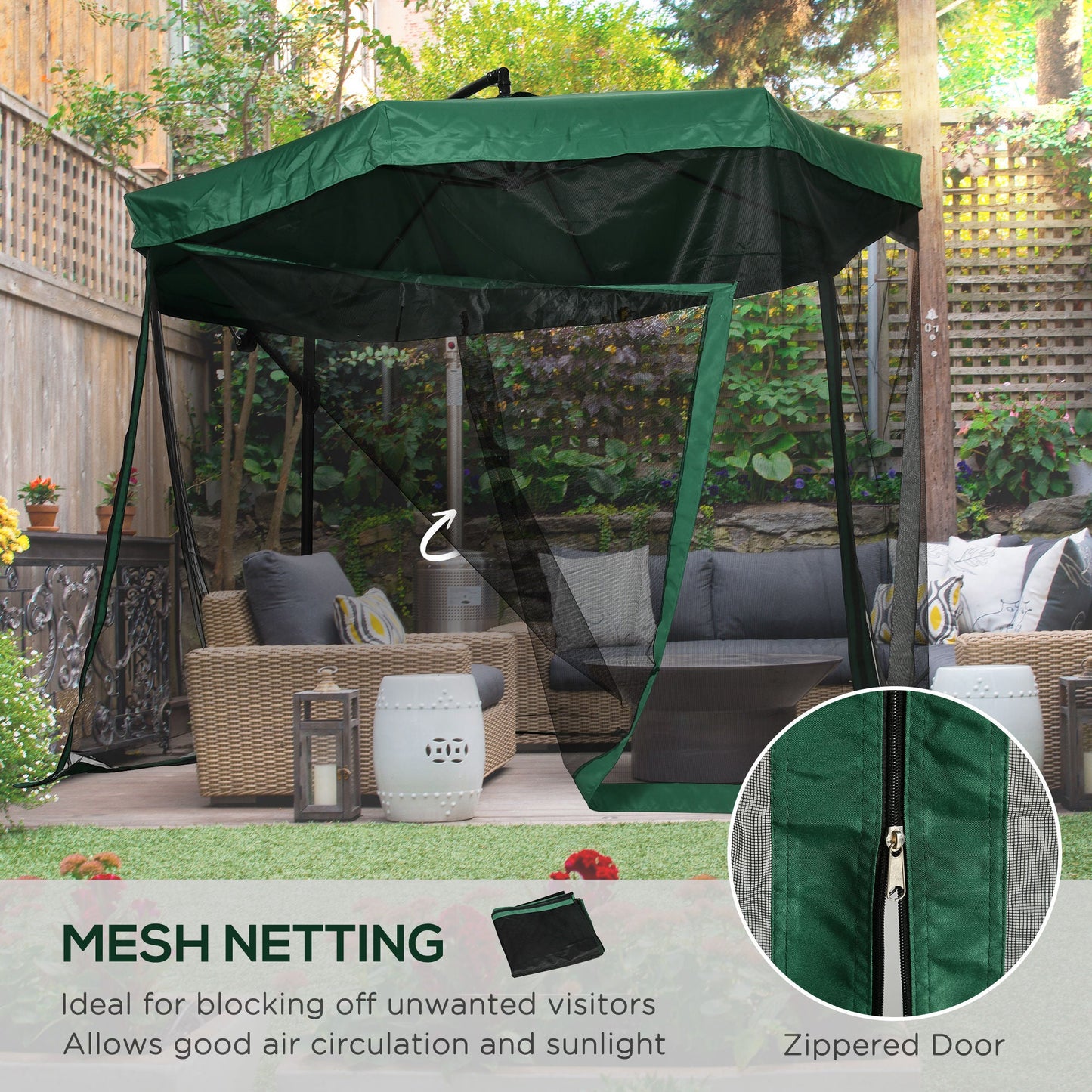 3x3m Garden Umbrella with Mosquito Net, Crank Opening and Cross Base, Green