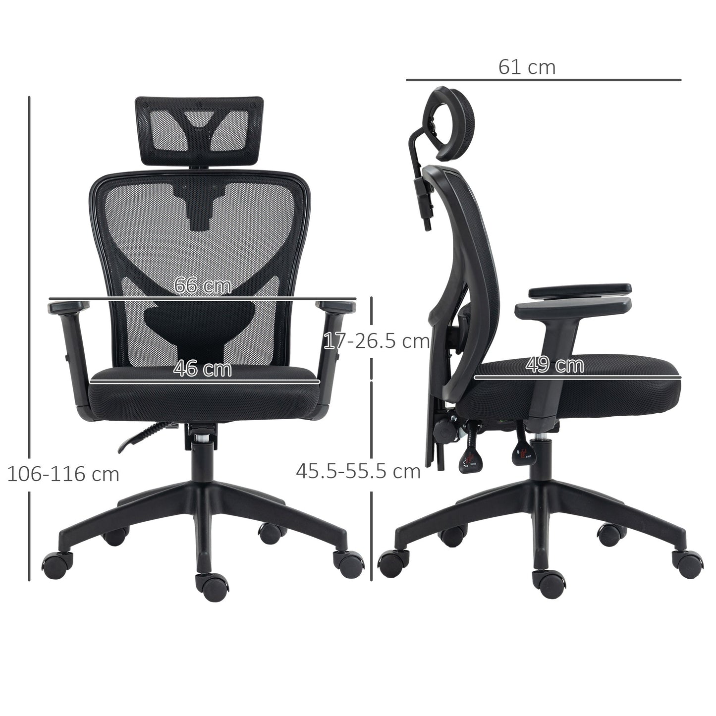 Ergonomic Office Chair with Adjustable Height, Lumbar Support and Headrest, 66x61x106-116cm Black