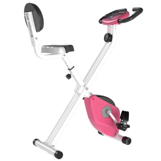 Folding Exercise Bike with 5 Adjustable Positions and 8 Levels of Magnetic Resistance, X-Shaped Structure, 43x97x109cm, Pink and White