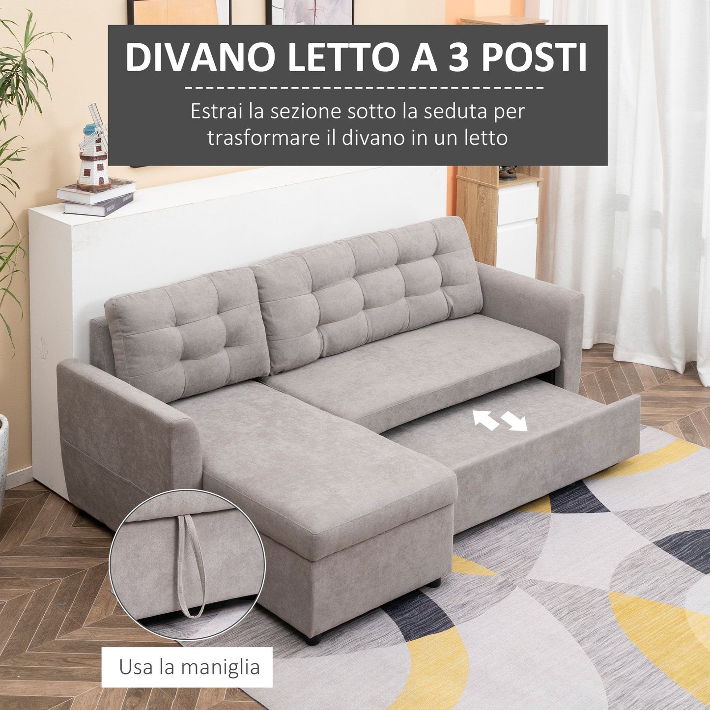 Grey Corner Sofa | 3 Seater Corner Sofa Bed with Chaise Longue Storage in Fabric, 217x134x85cm, Grey