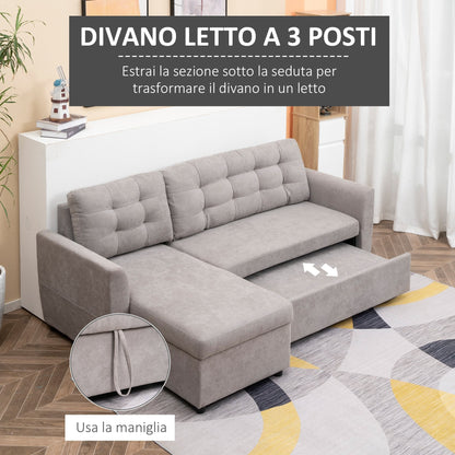 Grey Corner Sofa | 3 Seater Corner Sofa Bed with Chaise Longue Storage in Fabric, 217x134x85cm, Grey