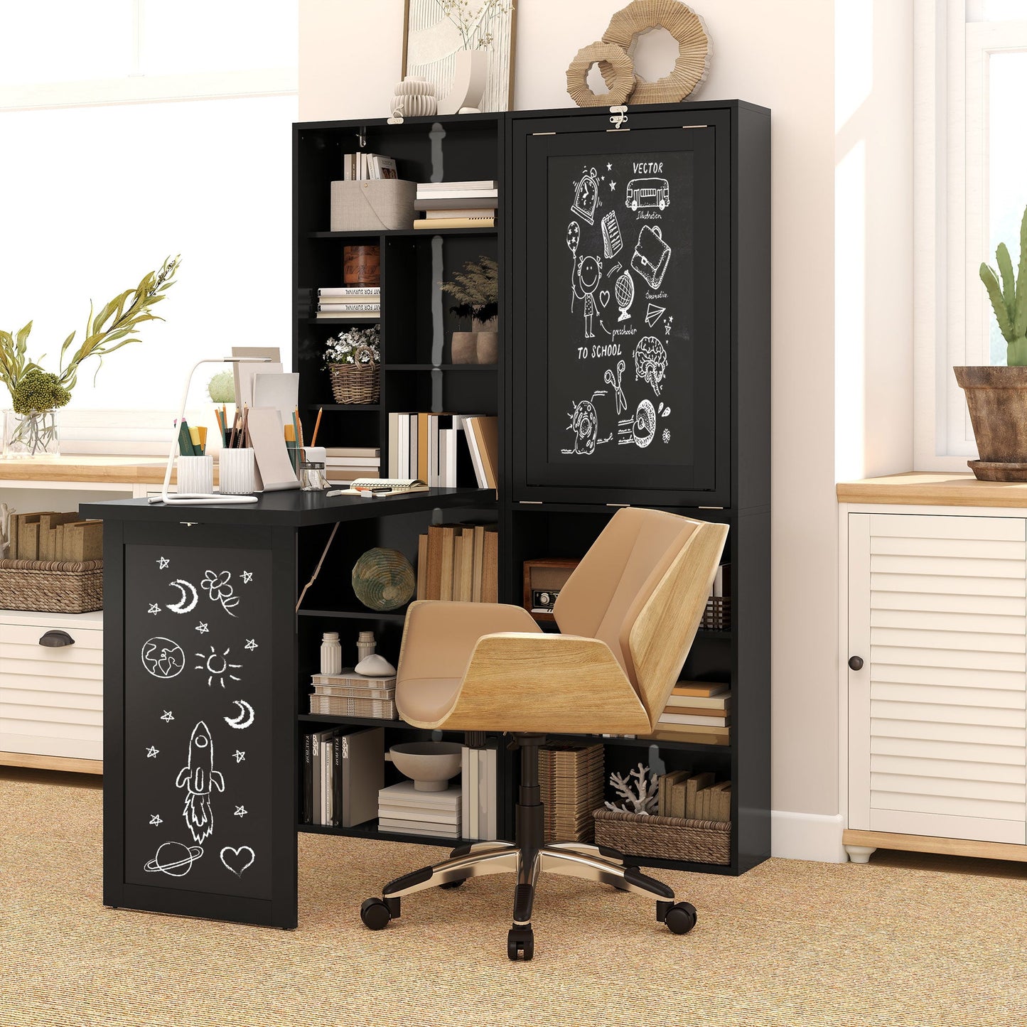 Modern Folding Desk with Bookshelf and Blackboard, Wood and Metal, 98x51x153 cm, Black