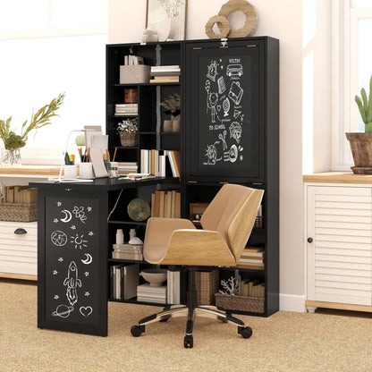 Modern Folding Desk with Bookshelf and Blackboard, Wood and Metal, 98x51x153 cm, Black