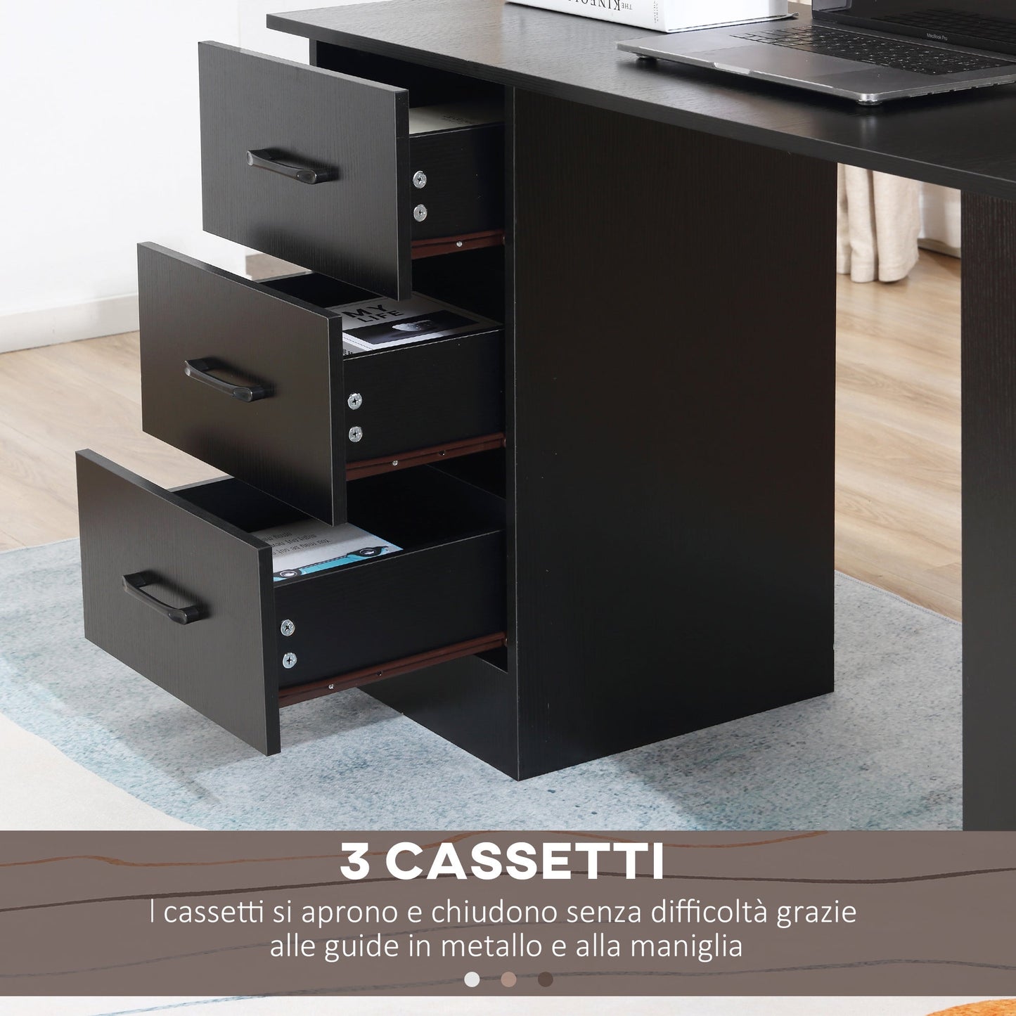 Modern Wooden Desk with 3 Drawers and 3 Shelves for Bedroom and Office, 120x49x72cm, Black