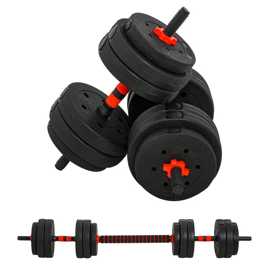 Set of 2 Dumbbells Convertible into a Barbell, 25kg Total with 12 Steel and Plastic Weight Discs for Home Training
