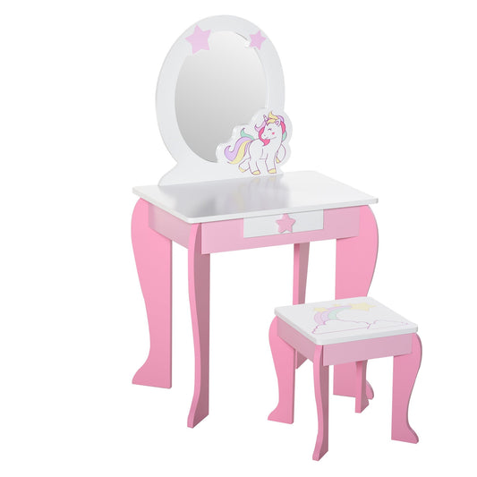 Dressing Table Mirror with Drawer and Wooden Stool, Games for Girls 3-6 Years Old Pink and White