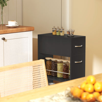 Kitchen Cart with 2 Open Shelves, Drawer and Rails, Wood and Stainless Steel, 25x50x85 cm, Black