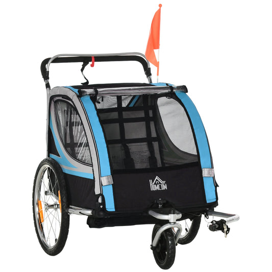 2-in-1 Kids Bike Trailer and Stroller with Belt, Pockets and Flag, Blue