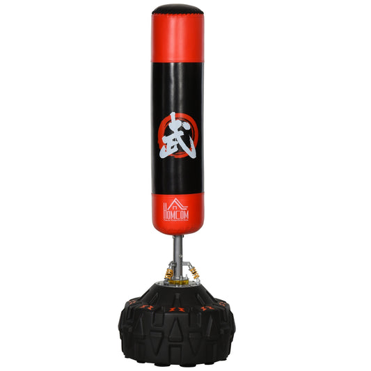 Boxing bag from the ground with support for professional training at home or in the gym, black and red, φ60 x 180 cm