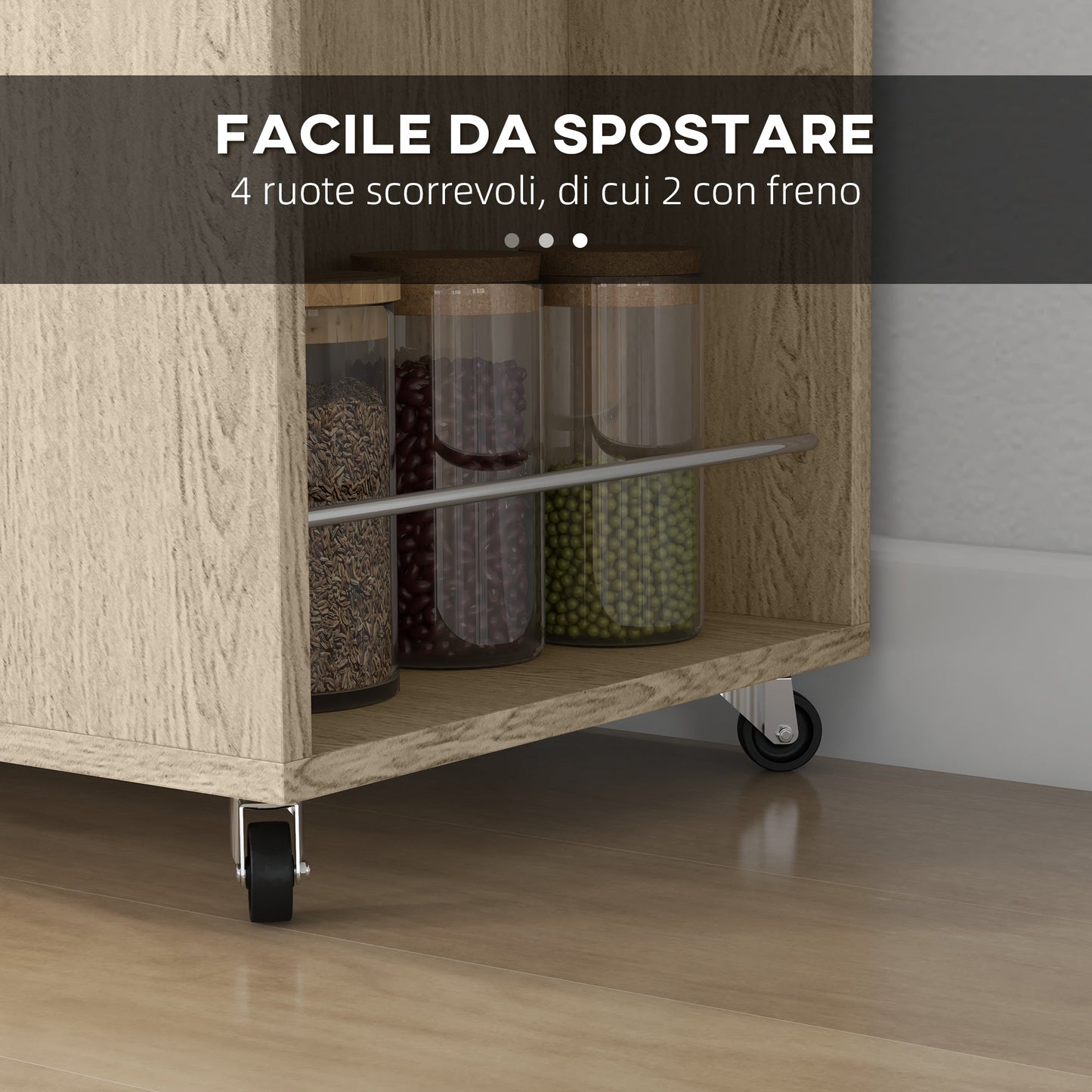 Kitchen Trolley with Open Shelf, 2-Door Cabinet and Side Shelf, 75x40x80.5 cm