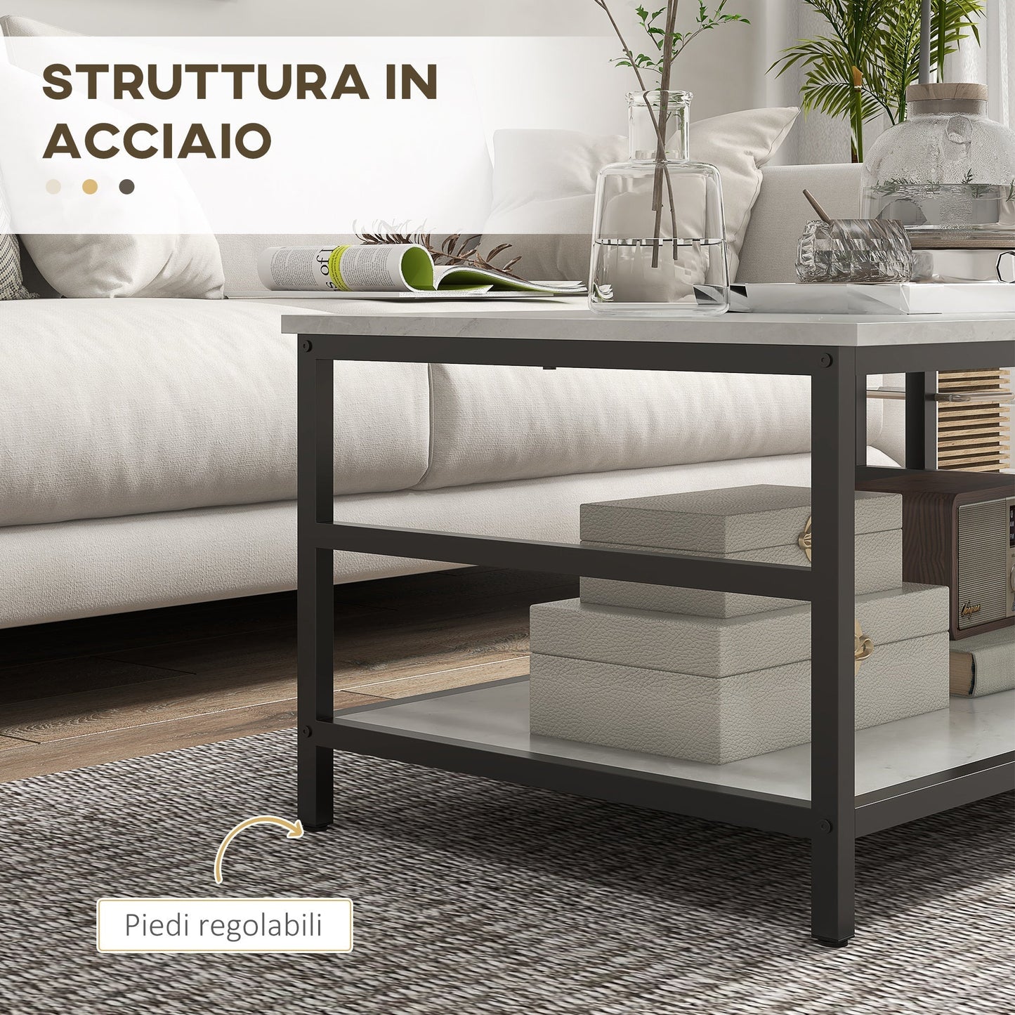 2-Tier Coffee Tables Set in Chipboard and Steel with Marble Effect Top, Black and White